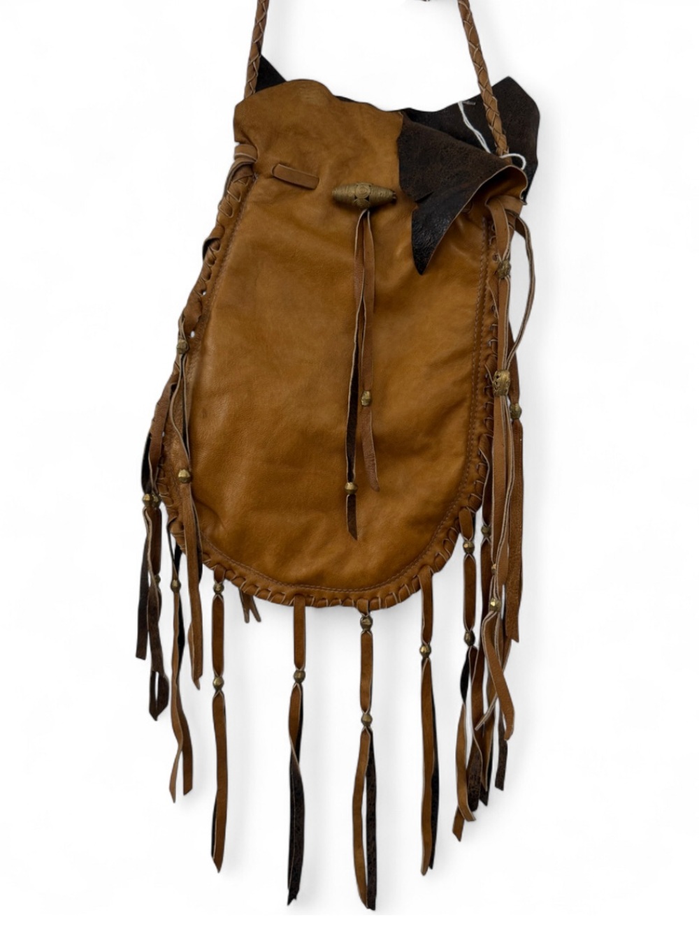 Johnny Was Indio Beaded Crossbody Leather Fringe Pouch Purse Bag Woven Strap